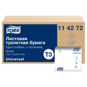 Бумага туалетная листовая Tork «Universal» (T3), 1-слойная, 250лист./пачка, белая