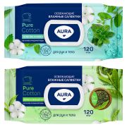 Салфетки влажные Aura «Pur cotton» big-pack с крышкой, 17*15см, 120шт., освежающие, для рук и тела