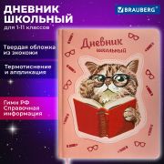 Дневник 1-11 класс 48 л., кожзам (твердая с поролоном), тиснение, аппликация, BRAUBERG, «Smart Cat», 106206