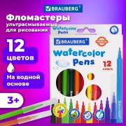 Фломастеры BRAUBERG «PREMIUM», 12 цветов, УЛЬТРАСМЫВАЕМЫЕ, классические, вентилируемый колпачок, картонная коробка с европодвесом, 151938