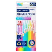 Карандаши цветные BRAUBERG PASTEL, 12 пастельных цветов, трёхгранные, грифель 3 мм, 181850