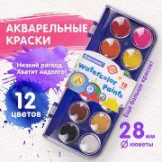 Краски акварельные BRAUBERG «PREMIUM» 12 цветов, круглые кюветы 28 мм, пенал, 191743