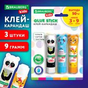 Клей-карандаш «Зверята: панда, слон, леопард» 9 г, фигурный колпачок, 3 шт/блистер, BRAUBERG KIDS, 272473