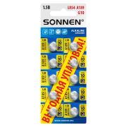 Батарейки алкалиновые «таблетка» КОМПЛЕКТ 10 шт., SONNEN Alkaline 189A (G10, LR54), в блистере, 457136
