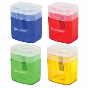 Точилка BRAUBERG «OfficeBox», с контейнером и крышкой, прямоугольная, в упаковке с подвесом, ассорти, 222494