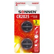 Батарейка литиевая CR2025 КОМПЛЕКТ 2 шт., «таблетка, дисковая, кнопочная» SONNEN Lithium, в блистере, 457139