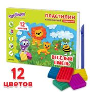 Пластилин классический ЮНЛАНДИЯ «ВЕСЁЛЫЙ ШМЕЛЬ», 12 цветов, 204 г, СО СТЕКОМ, КВАДРАТНЫЙ, 104823