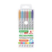 Ручки гелевые МЕТАЛЛИК BRAUBERG KIDS «CUTE ANIMALS», НАБОР 6 ЦВЕТОВ, корпус с печатью, узел 1 мм, линия письма 0,7 мм, 144440
