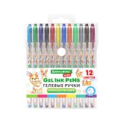 Ручки гелевые КЛАССИЧЕСКИЕ BRAUBERG KIDS «CUTE ANIMALS», НАБОР 12 ЦВЕТОВ, корпус с печатью, узел 1 мм, линия письма 0,7 мм, 144445