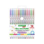 Ручки гелевые С БЛЕСТКАМИ BRAUBERG KIDS «CUTE ANIMALS», НАБОР 12 ЦВЕТОВ, корпус с печатью, узел 1 мм, линия письма 0,7 мм, 144446