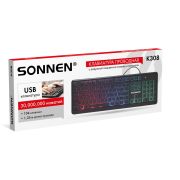 Клавиатура проводная USB, 104 клавиши, LED-подсветка, SONNEN K308, черная, 513947