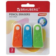 Набор ластиков BRAUBERG «FRUITY» 3 шт., 57х24х15 мм, белые, пластиковый футляр ассорти, 229563