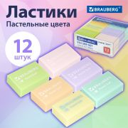 Ластики BRAUBERG «Pastel Soft» НАБОР 12 шт., размер ластика 31х20х10 мм, экологичный ПВХ, 229598