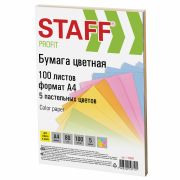 Бумага цветная STAFF «Profit», А4, 80 г/м2, 100 л. (5 цв. х 20 л.), пастель, для офиса и дома, 110889