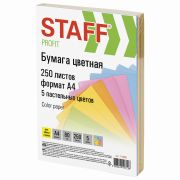 Бумага цветная STAFF «Profit», А4, 80 г/м2, 250 л. (5 цв. х 50 л.), пастель, для офиса и дома, 110890
