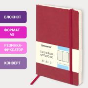 Блокнот А5 (148x218 мм), BRAUBERG «Metropolis Ultra», под кожу, 80 л., резинка, клетка, красный, 111018