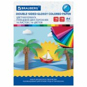 Цветная бумага А4 2-сторонняя мелованная, 16 листов 16 цветов, на скобе, BRAUBERG ЭКО, 200х280 мм, «Кораблик», 111327