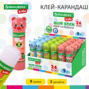 Клей-карандаш «Зверята: кошка, мышка, хрюшка», 9 г, фигурный колпачок, BRAUBERG KIDS, 271138