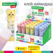 Клей-карандаш «Пастельные зверята: мышка, тигр, бегемот», 9 г, фигурный колпачок, BRAUBERG KIDS, 271140