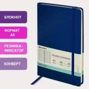 Блокнот А5 (148x218 мм), BRAUBERG «Metropolis Special», под кожу, 80 л., резинка, клетка, синий, 111574