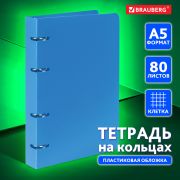 Тетрадь на кольцах А5 160х215 мм, 80 л., пластик, клетка, BRAUBERG, «Голубой», 403251