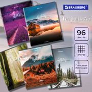 Тетрадь А5, 96 л., BRAUBERG, скоба, клетка, глянцевая ламинация, «Nature», 404427