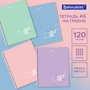 Тетрадь А5 120 л. BRAUBERG пастельная, гребень, клетка, обложка картон, «Pastel Tone» (микс в спайке), 404445