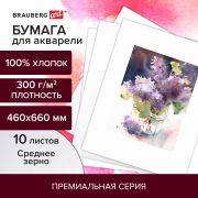 Бумага для акварели ХЛОПОК 100%, 300 г/м2, 460x660 мм, среднее зерно, 10 листов, BRAUBERG ART, «PREMIERE», 113231