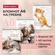 Блокнот МАЛЫЙ ФОРМАТ А6 108х145 мм, 40 л., гребень, картон, клетка, BRAUBERG, «Милые котята», 114391