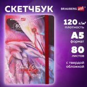 Скетчбук, белая бумага 120 г/м2, 145х203 мм, 80 л., резинка, твердый, BRAUBERG ART DEBUT «Фламинго», 114584