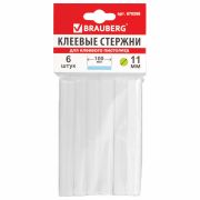 Клеевые стержни, диаметр 11 мм, длина 100 мм, белые, комплект 6 штук, BRAUBERG, европодвес, 670298