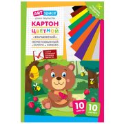 Картон цветной А4, ArtSpace, 10л., 10цв., немелованный, золото, серебро, в папке, «Волшебный. Медвежонок»