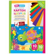 Картон цветной А4, ArtSpace, 10л., 10цв., мелованный, золото, серебро, в папке, «Волшебный. Черепашка»