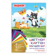 Картон цветной А4 немелованный (матовый), ВОЛШЕБНЫЙ, 10 листов 10 цветов, в папке, ПИФАГОР, 200х290 мм, «Котята», 129914